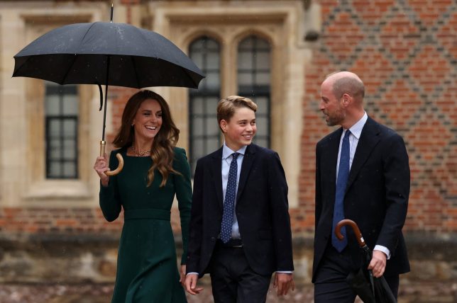 ETON, ENGLAND - SEPTEMBER 8: Catherine, Princess of Wales (L) and Prince William, Prince of Wales (R) walk with their 13-year-old son, Prince George of Wales (C), as he arrives for his first day at Eton College on September 8, 2026 in Berkshire, England. (Photo by Adrian Dennis - WPA Pool/Getty Images)