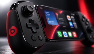 Concept Beats branded iPhone game controller, close-up on the right grip showing X, Y, A, B face buttons, thumbstick, and red Beats logo, with the clamped iPhone home screen visible at left, lit in red.