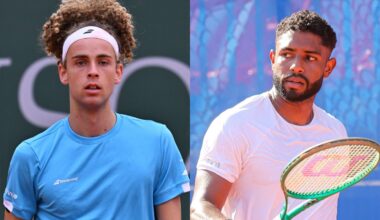 Sunday's match between Mika Brunold (L) and Joao Luca Reis da Silva (R) was the first pro tennis match between two out gay male players. (Getty)