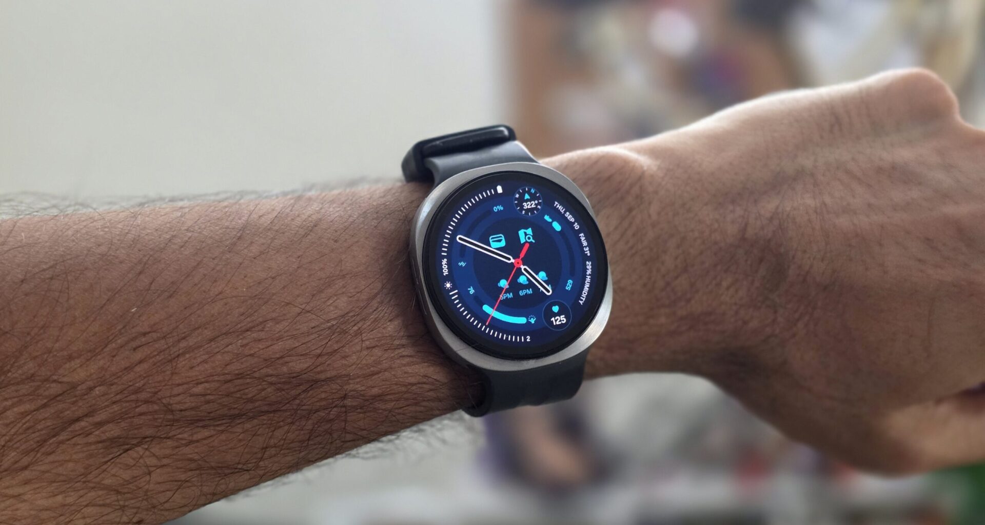 Samsung Galaxy Watch 9 on a wrist with the screen on