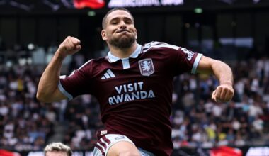 Emi Buendia leaps in celebration after scoring Aston Villa's third goal against Spurs