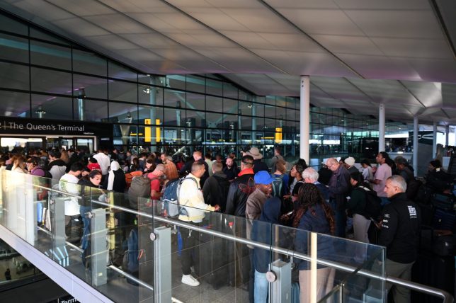LONDON, UNITED KINGDOM - SEPTEMBER 08: Passengers wait inside and around London Heathrow Airport following widespread flight delays and cancellations caused by a technical failure in National Air Traffic Services' (NATS) flight processing system in London, United Kingdom, on September 08, 2026. Technical issues are causing disruptions in flight departures at UK airports, Britain's air traffic control service said Wednesday. (Photo by Rasid Necati Aslim/Anadolu via Getty Images)