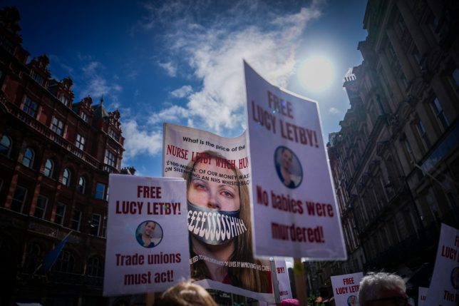 LIVERPOOL, ENGLAND - SEPTEMBER 15: Supporters of Lucy Letby gather outside the Thirwall Inquiry at Liverpool Town Hall on September 15, 2026 in Liverpool, England. The public inquiry led by Lady Justice Thirlwall into the events around neonatal nurse Lucy Letby's murders of babies at the Countess of Chester hospital in northwest England is publishing its findings on Tuesday. Letby is serving 15 whole-life orders following her convictions for the murder of seven infants and attempted murder of seven others, between June 2015 and June 2016. ( (Photo by Christopher Furlong/Getty Images)