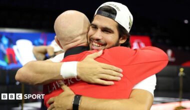Carlos Alcaraz hugs Andre Agassi at the Laver Cup