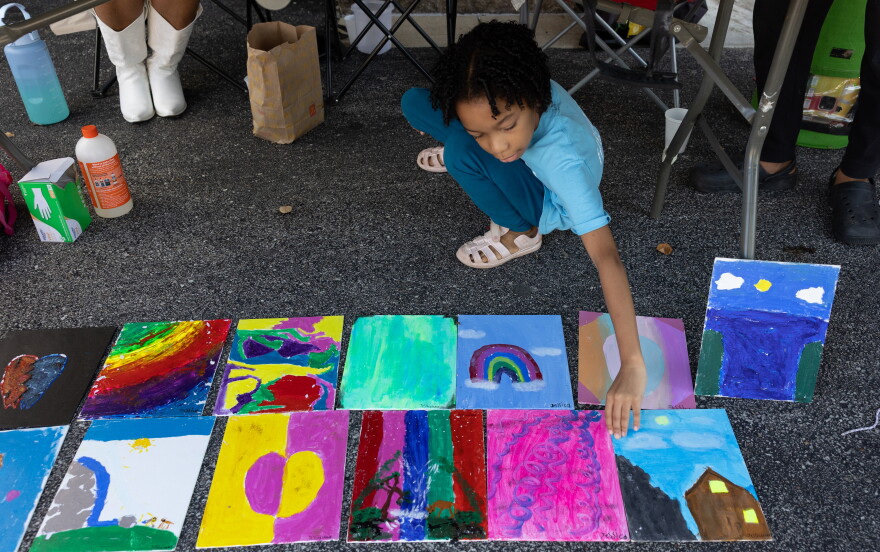 Josie Jacquay, 11, of Columbia, Illinois, sells soap to Larincia Hambrick of St. Louis during the Kids Markets at Eckert’s on Saturday, Sept. 12, 2026, in Belleville.