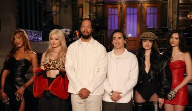 SNL recap: Host Jalen Brunson and Marcello Hernández (center) with musical guest Katseye ahead of the Season 52 premiere of "Saturday Night Live" on Sept. 26, 2026.