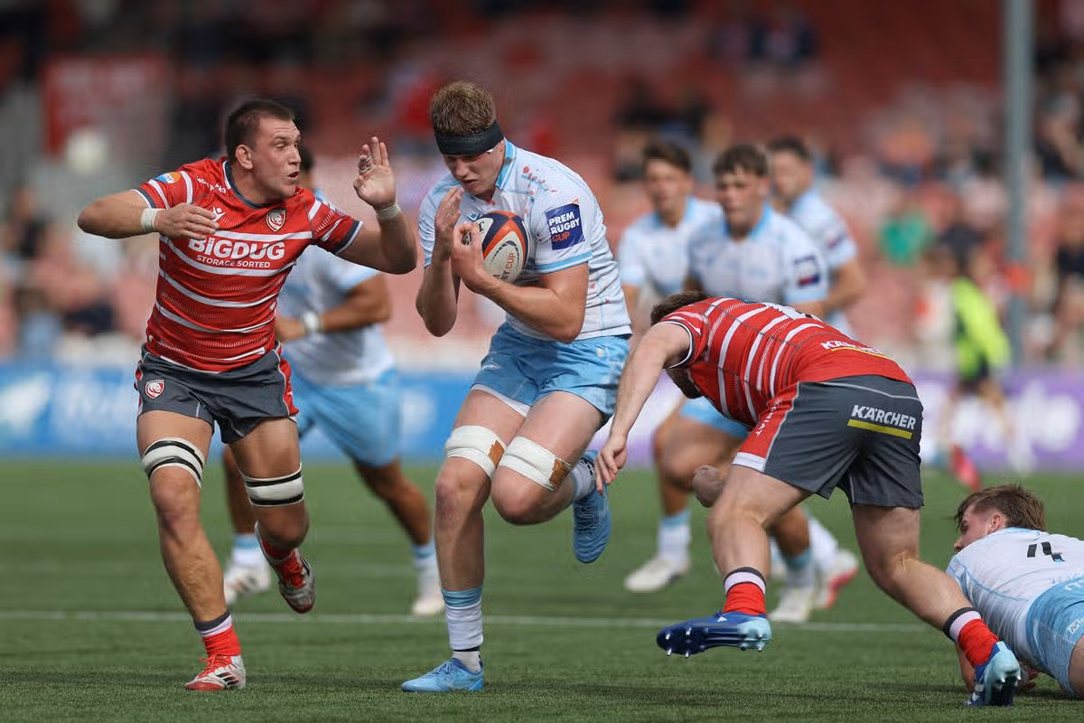 GLOUCESTER, ENGLAND - SEPTEMBER 12: Tom Burrow of Sale Sharks runs at the defence during the PREM Rugby Cup match between Gloucester Rugby and Sale Sharks at Kingsholm Stadium on September 12, 2026 in Gloucester, England. (Photo by Jan Kruger/Getty Images for Sale Sharks)