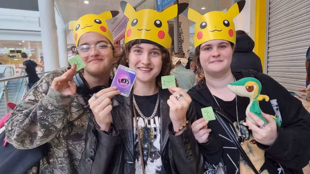 Pokémon collectors Maria, Grace and Katie in Cardiff on Saturday morning