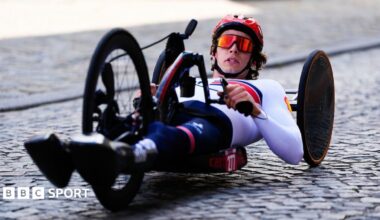 Callum Russell races in handcycle during a road race