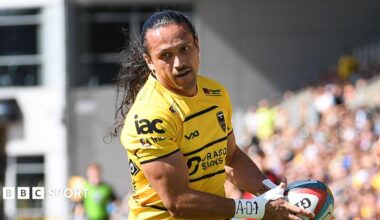 Ereatara Enari runs in a try for Dragons against Hartpury at Rodney Parade