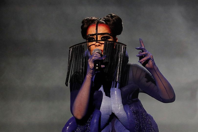 Björk performs on stage