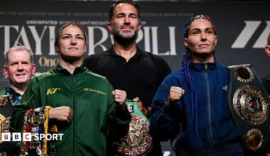 Katie Taylor and Flora Pili with promoter Eddie Hearn and Taylor's manager Brian Peters