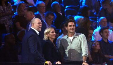 Stoic Mike and Zara Tindall attend the Laver Cup with Roger Federer following their family grief