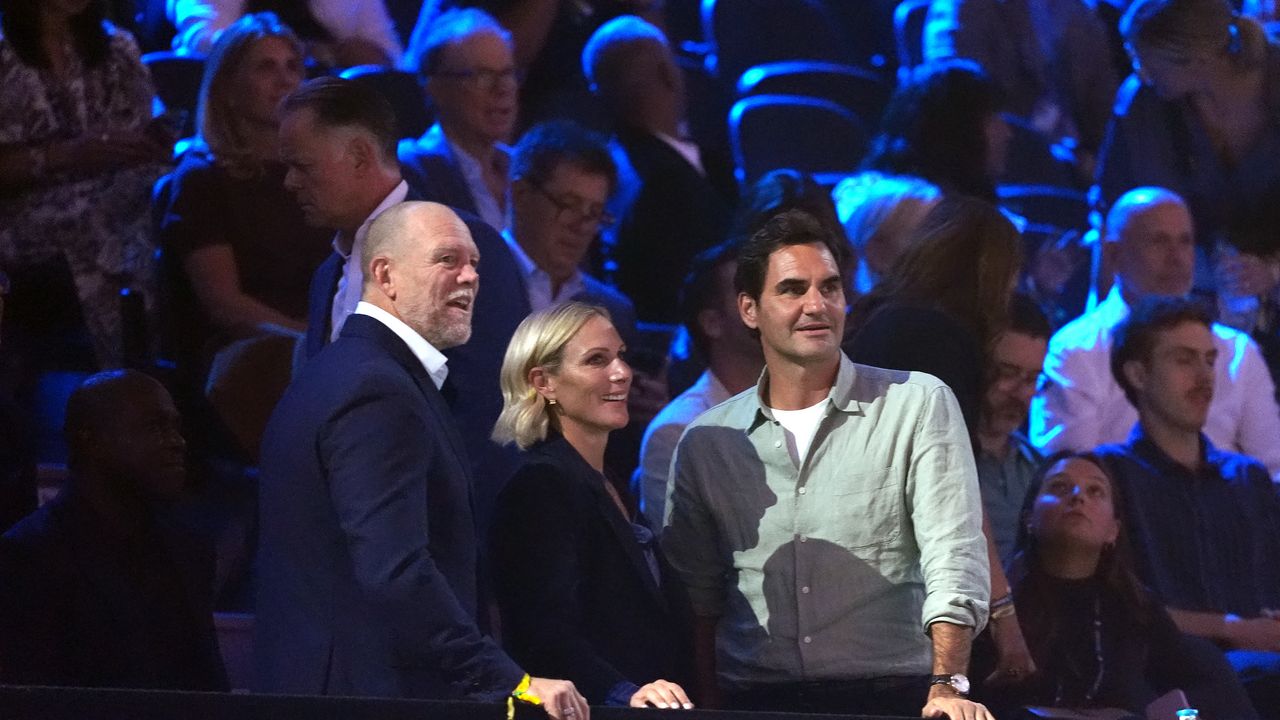 Stoic Mike and Zara Tindall attend the Laver Cup with Roger Federer following their family grief