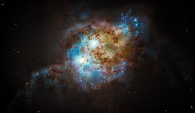 Artist’s conception showing the intense light from a pair of quasars in the cores of two galaxies in the process of merging. Credit: NASA/ESA/Joseph Olmsted (STScI)