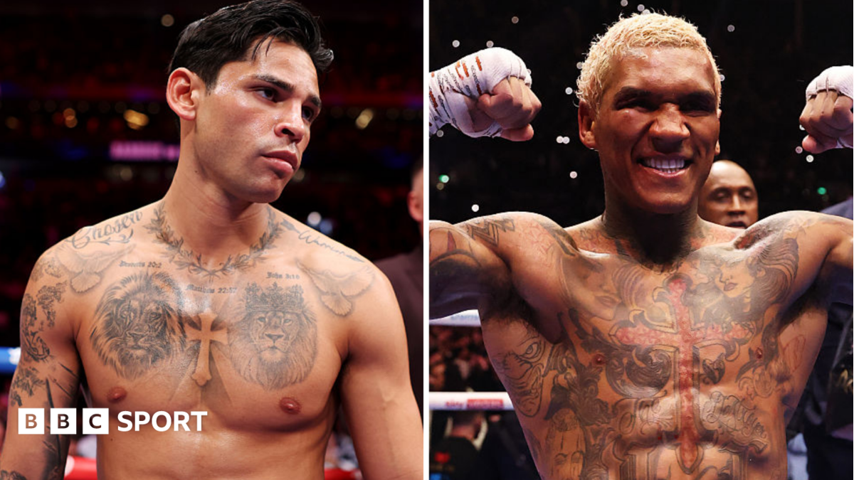 A side-by-side image of a shirtless Ryan Garcia and a shirtless Conor Benn
