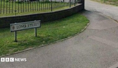 A low street sign with Long street written on it. The G and S look to have been vandalised. the sign stands on grass, there is a pavement in front of it.