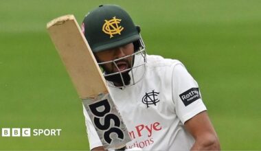 Haseeb Hameed in action for Nottinghamshire against Leicestershire, wearing the green Notts helmet as he play a shot through the leg-side