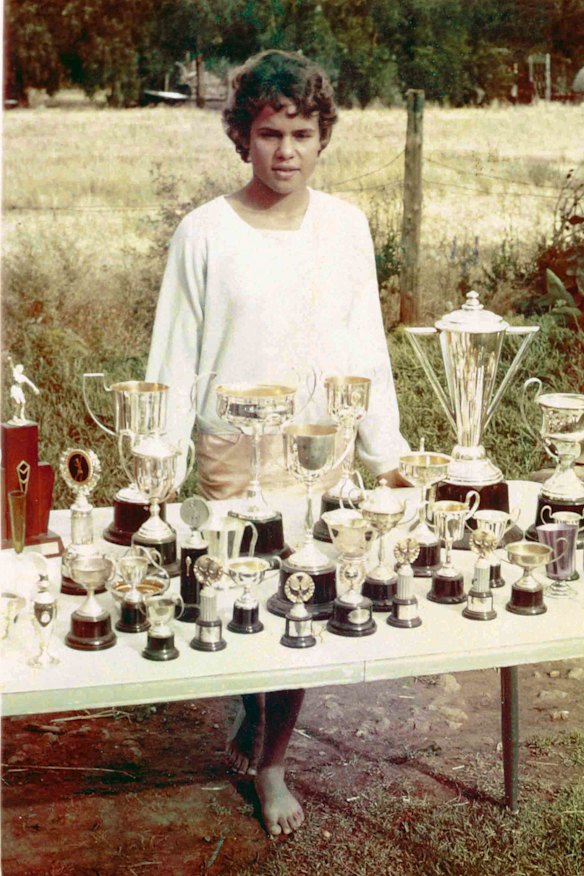 At her wheat-belt childhood home with her early trophies: “Mum made me pose with them in the backyard,” she says.