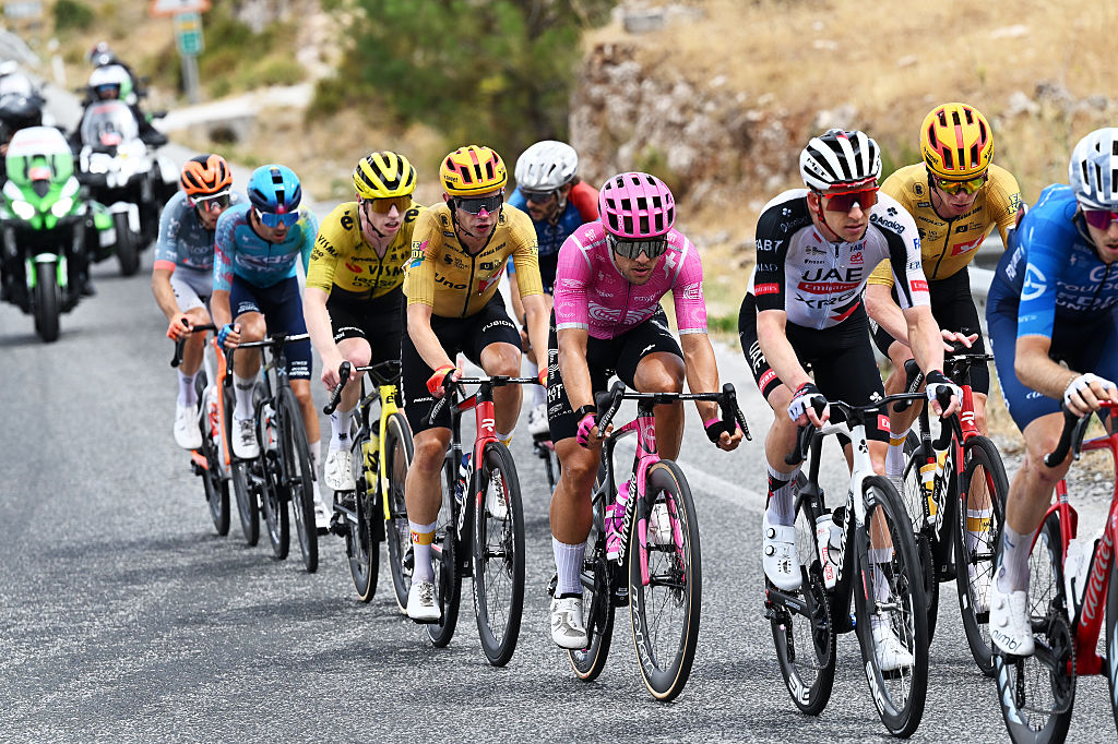 LOJA, SPAIN - SEPTEMBER 04: (L-R) Andreas Kron of Denmark and Team Uno-X Mobility and Vincenzo Albanese of Italy and Team EF Education - EasyPost compete in the breakaway during the La Vuelta - 81st Tour of Spain 2026, Stage 13 a 192.8km stage from Almu&ntilde;ecar to Loja 501m / #UCIWT / on September 04, 2026 in Loja, Spain. (Photo by Tim de Waele/Getty Images)