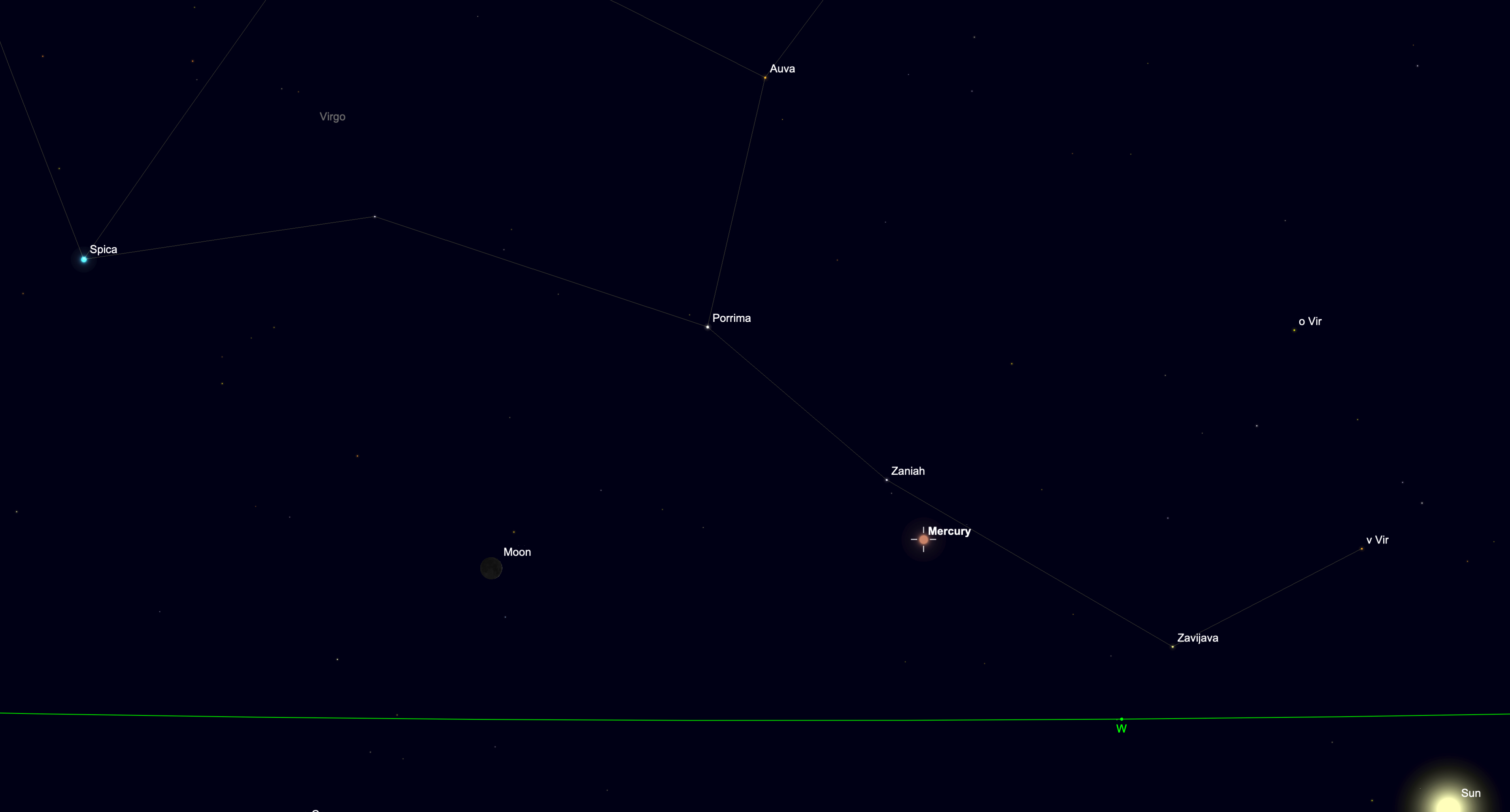 Star chart showing Mercury near a slender crescent moon low in the western sky after sunset on Sept. 12, 2026.