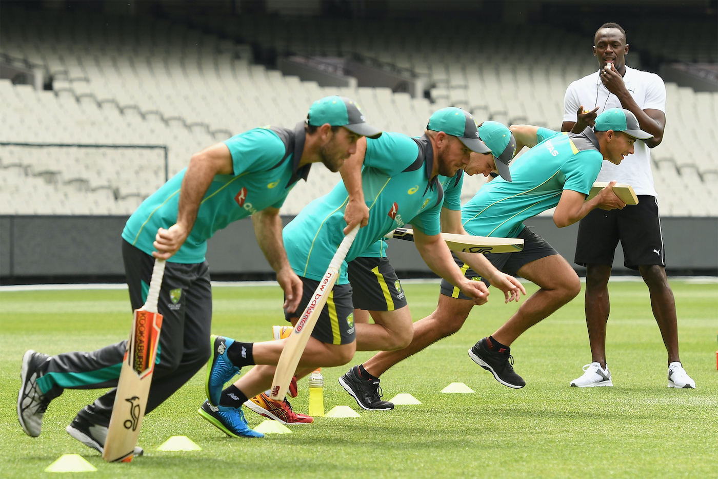 On your marks, get set, Bolt: Maxwell, Finch, Handscomb, and Agar see run, run run On your marks, get set, Bolt: Maxwell, Finch, Handscomb, and Agar see run, run run