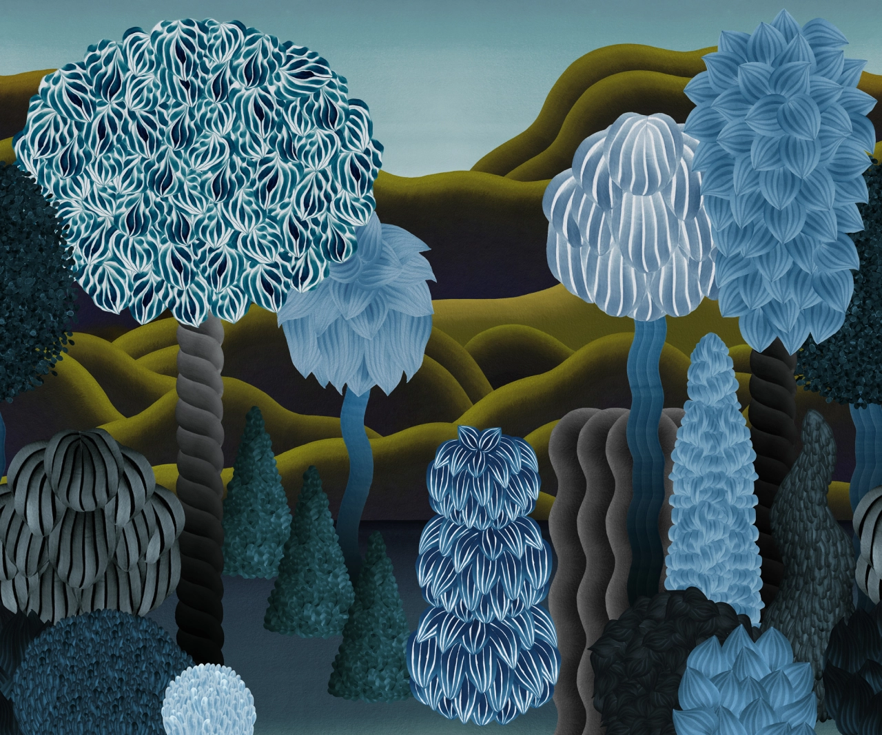 Stylised woodland scene with patterned blue and white hanging flowers, olive curved branches and textured grey and teal foliage in a dreamlike landscape