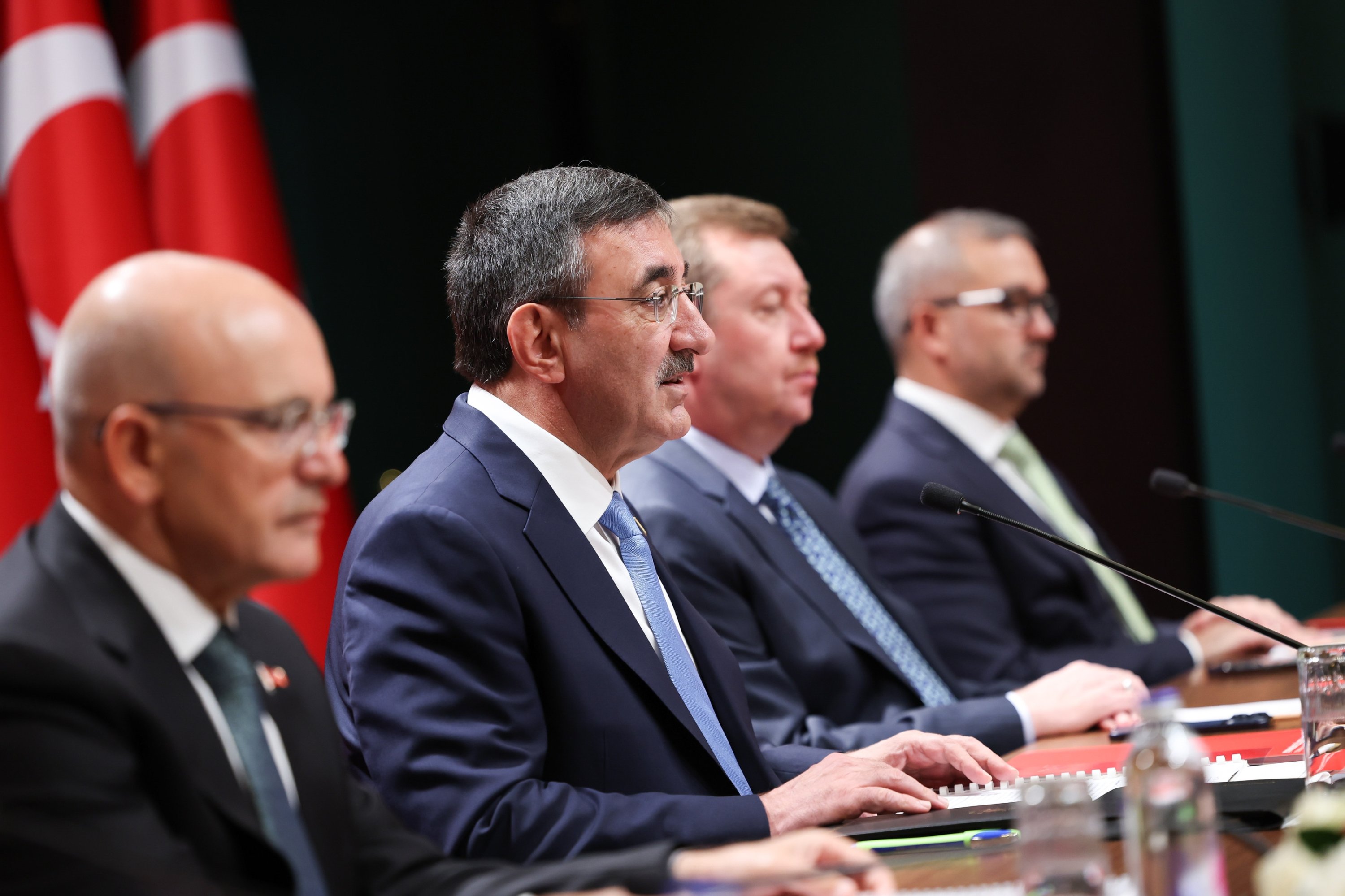Top Turkish officials, including Vice President Cevdet Yılmaz (2nd-L), Treasury and Finance Minister Mehmet Şimşek (L) and the Governor of the Central Bank of the Republic of Türkiye (CBRT) Fatih Karahan, attend a press briefing, Ankara, Türkiye, Sept. 6, 2026. (AA Photo)