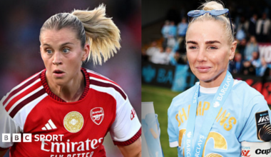 A split image of Arsenal's Alessia Russo (left) and Manchester City's Alex Greenwood (right)