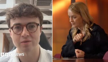 Jacob Coxon, shown on the left, wearing dark frame glasses and a white collored shirt. On the right is BBC's Laura Kuenssberg in a black shirt sitting with her arms on a desk as she looks to the left of frame.