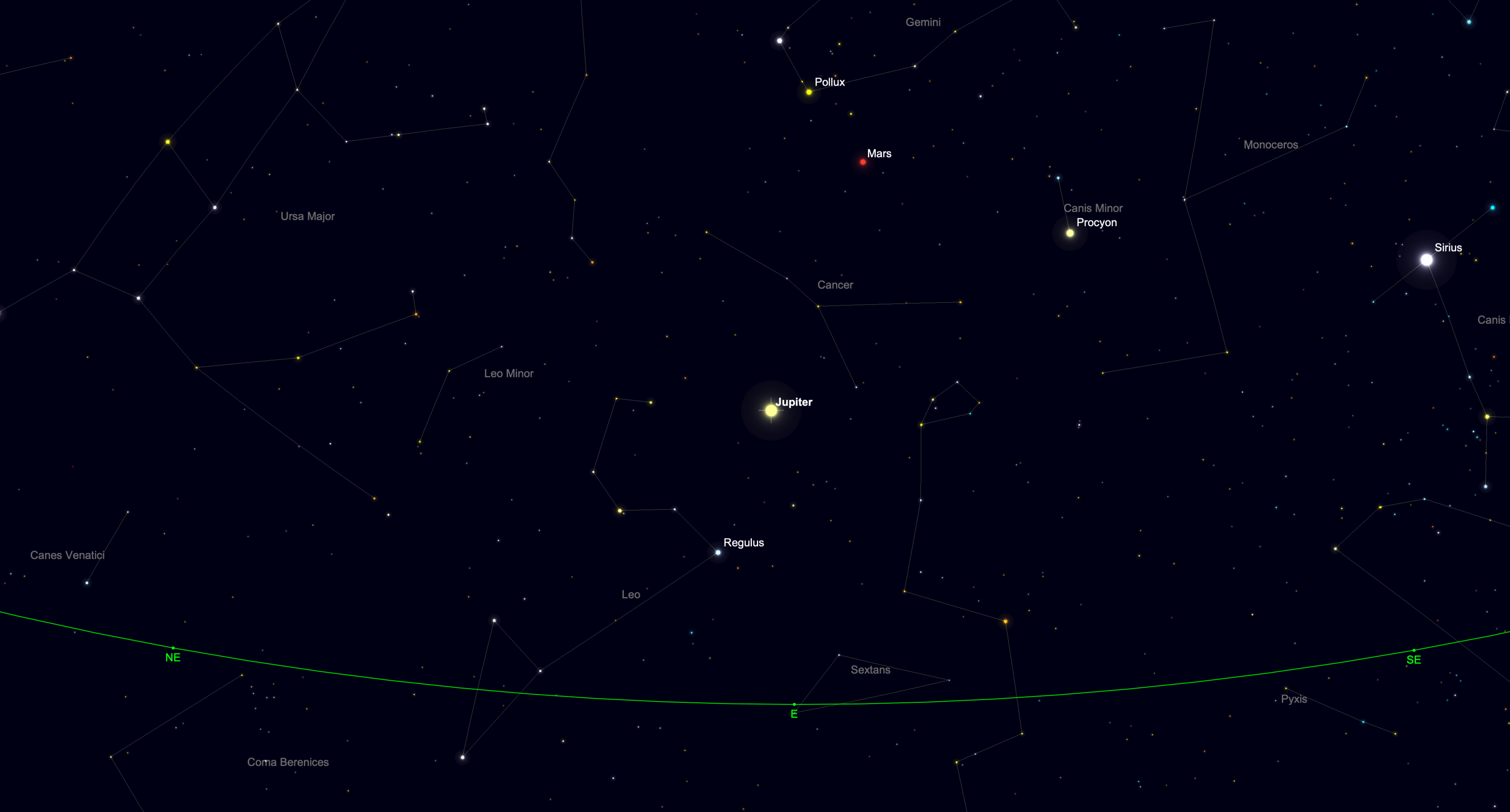 Star chart showing the eastern predawn sky on Sept. 23, 2026, around the September equinox, with Jupiter, Mars, Sirius and surrounding constellations visible.