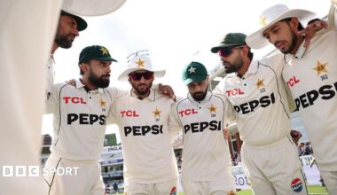 The Pakistan team huddle during the second Test against England at Lord's