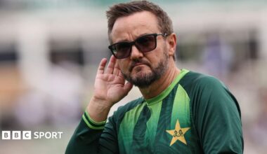 Mike Hesson cups his ear during a training session with Pakistan's Test side during their tour of England