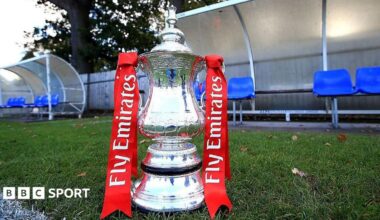 General view of the FA Cup trophy on display on the sideline at a qualifying round match in 2016