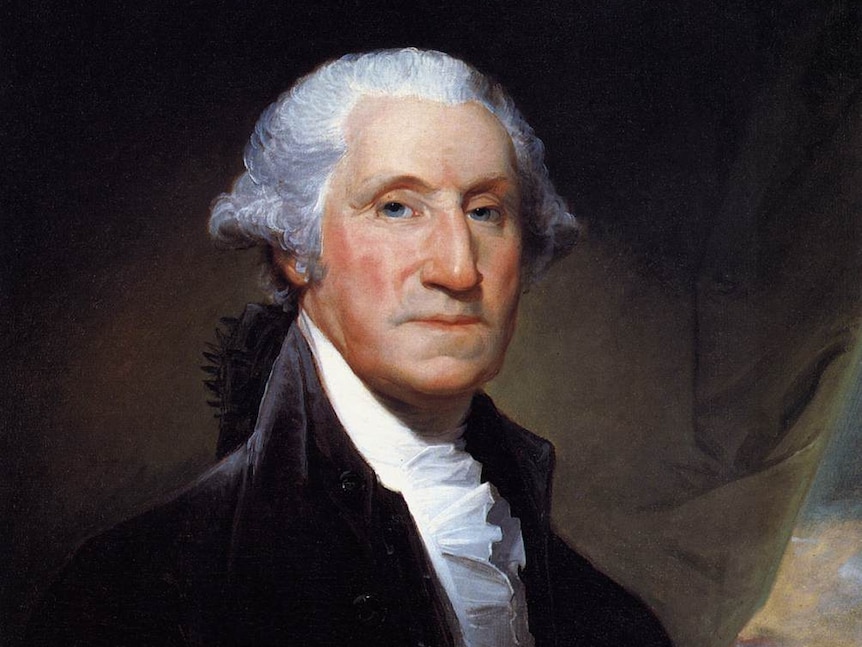 A portrait of a Caucasian man in the 1700s, the first US president George Washington.