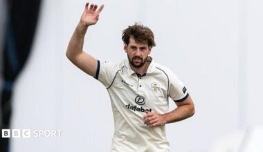 Derbyshire fast bowler Ben Aitchison celebrates another wicket