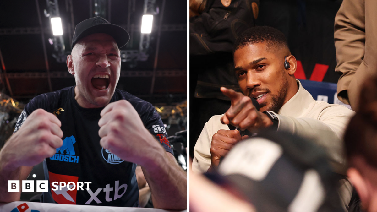 Split image of Tyson Fury celebrating and Anthony Joshua pointing from ringside