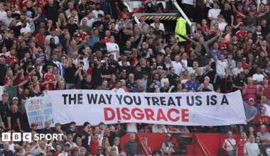 Manchester United fans unfurl a banner inside Old Trafford