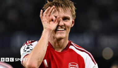 Martin Odegaard celebrates scoring the winner for Arsenal against Napoli in the Champions League