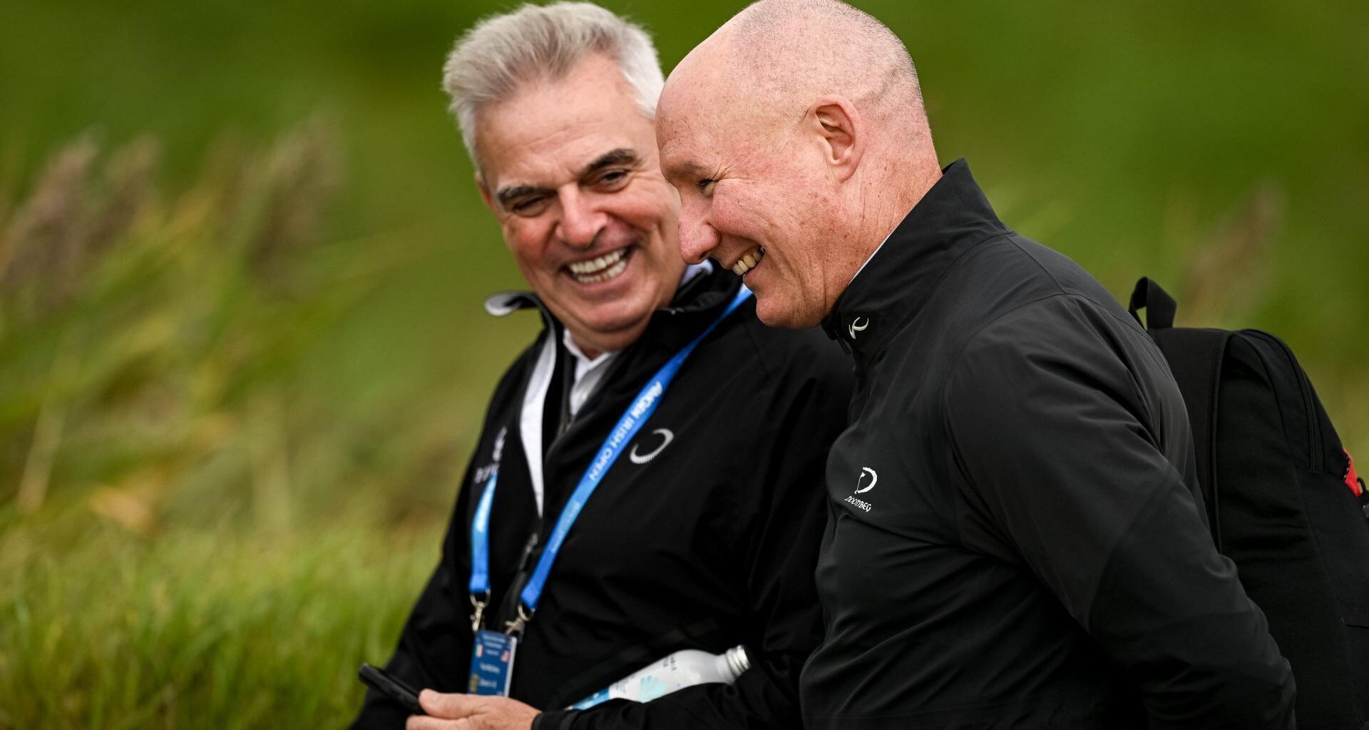 Former Dublin football player and manager Jim Gavin, left, and Irish professional golfer Paul McGinley during day three of the Amgen Irish Open Golf Championship 2026 at Trump International Golf Links in Doonbeg, Clare. Photo by Ramsey Cardy/Sportsfile