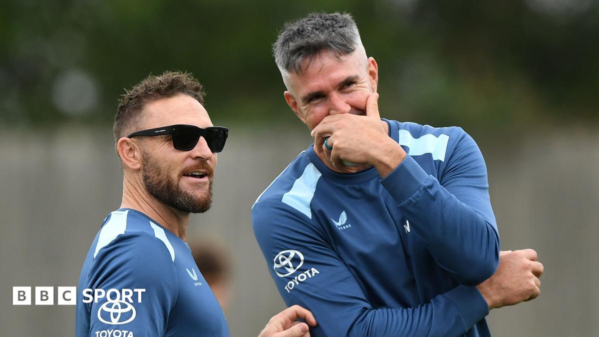 Brendon McCullum and Kevin Pietersen share a joke during an England training session
