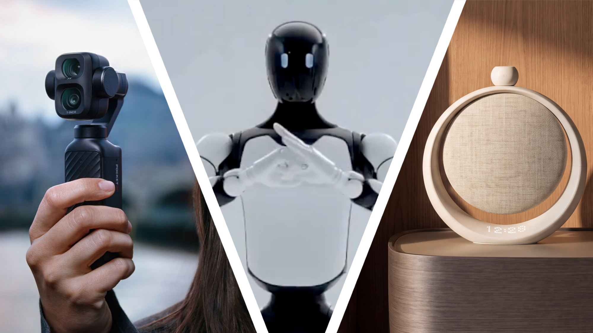A hand holding a DJI Pocket camera, next to an Agibot robot, next to an Anker sleep speaker