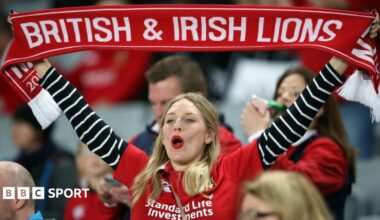 A female lions fan holds up a scarf in the crowd