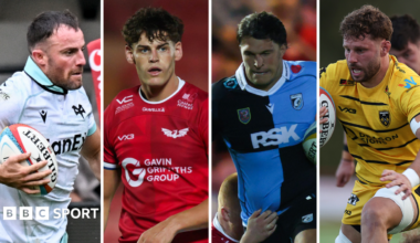 Ospreys' Luke Morgan, Scarlets' Eddie James, Cardiff's Teddy Williams and Dragons' Thomas Young
