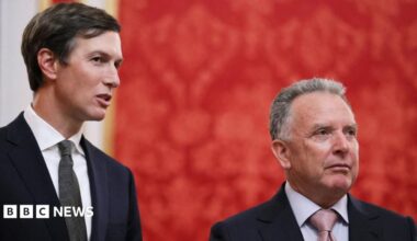 Jared Kushner, U.S. President Donald Trump's son-in-law, and U.S. Special Envoy Steve Witkoff wait before a meeting with Russian President Vladimir Putin at the Kremlin in Moscow, Russia