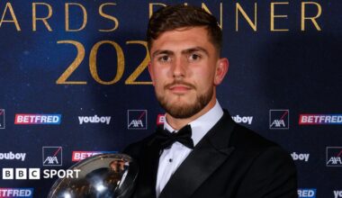 Brad O'Neill of Wigan Warriors poses with a trophy at the RFL Awards dinner