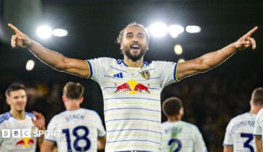 Dominic Calvert-Lewin celebrates after scoring for Leeds United against Newcastle United