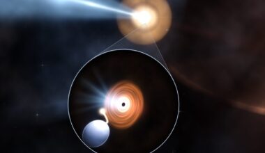 Artist’s impression of IRAS 18293−0941. A massive star and a black hole orbit each other. Material from the star is accreted around the black hole, then fired through two jets at three-quarters the speed of light. The jet on the left is aimed almost at Earth. Credit: B. Marcote (JIVE/ASTRON).