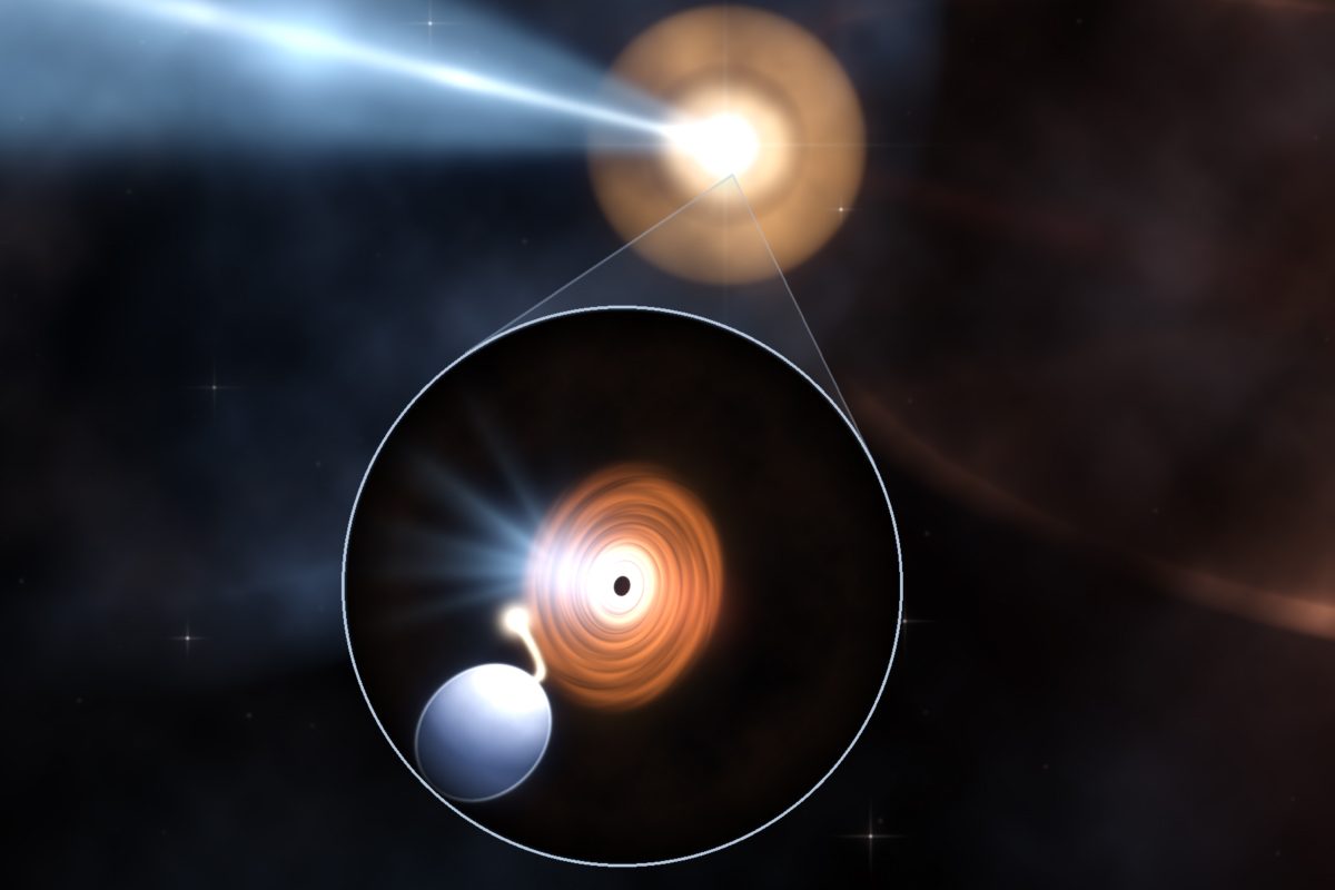 Artist’s impression of IRAS 18293−0941. A massive star and a black hole orbit each other. Material from the star is accreted around the black hole, then fired through two jets at three-quarters the speed of light. The jet on the left is aimed almost at Earth. Credit: B. Marcote (JIVE/ASTRON).