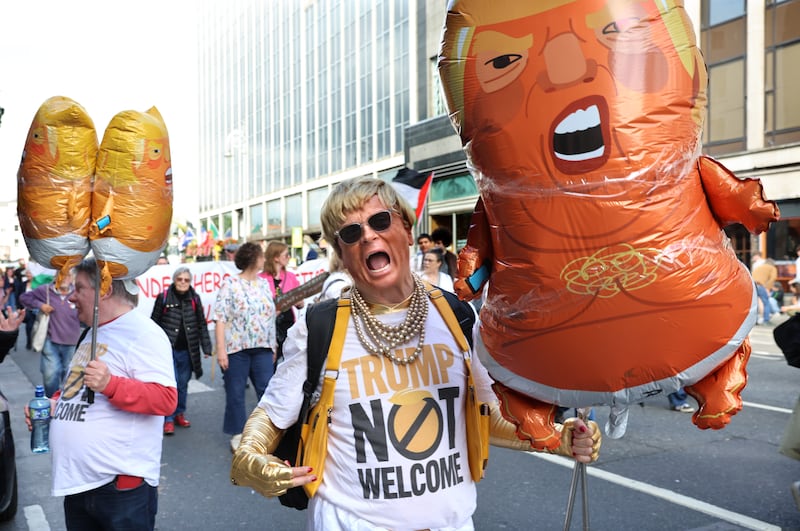 Sylvia Jones, Dublin at the Trump demonstration from the Garden of Remembrance to the Dail in Dublin city at the weekend.
Photograph: Dara Mac Dónaill/The Irish Times















